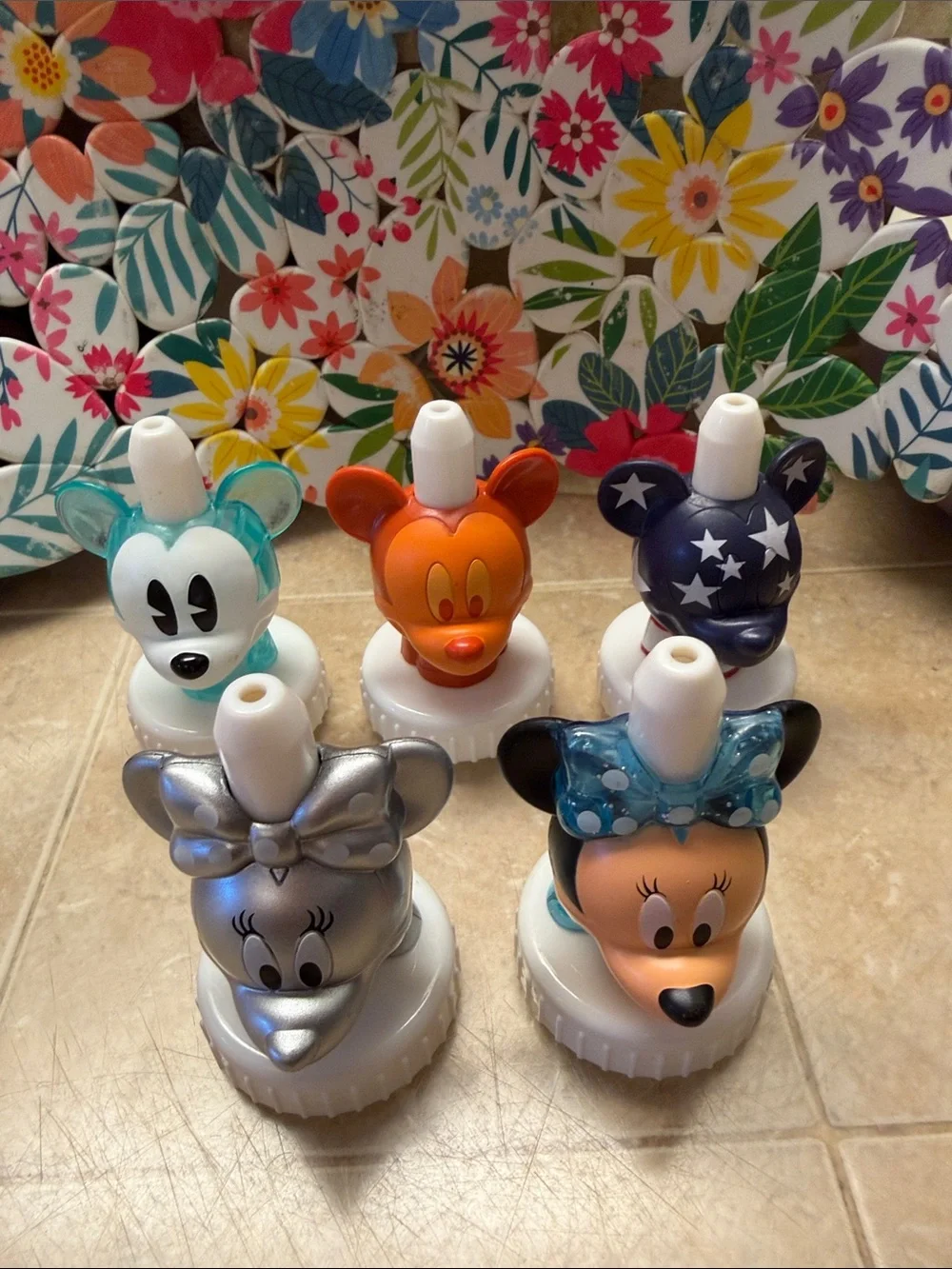Mickey and Minnie Mouse character drink bottle toppers by good2grow Set of 5